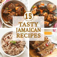 the top ten tasty jamaican recipes are shown in four different pictures with text overlay