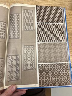 an open book with different patterns on it's cover and inside pages showing the same pattern