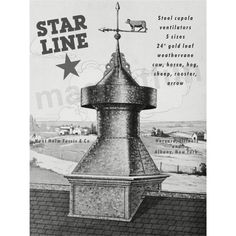 a black and white drawing of a star line chimney on top of a roof with the words