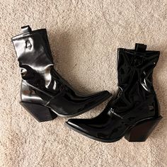 H&M Ankle Faux Leather Heel Boots. Never Worn. Pointed Toe Mid-calf Boots For Fall Night Out, Pointed Toe Mid-calf Boots For Night Out, Fall Mid-calf Pointed Toe Boots For Night Out, Fall High Heel Mid-calf Boots For Night Out, Patent Leather Evening Boots For Fall, High Heel Mid-calf Boots For Night Out In Fall, Evening Patent Leather Boots For Fall, Chic Black Boots For Fall, Fall Patent Leather Heeled Boots For Work