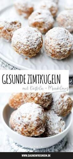 some powdered donuts are in a white bowl on a glass platter with the words gesunde zimtikugeln