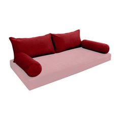 a pink and red couch with pillows on it's back end, in front of a white background