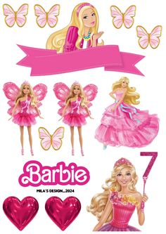 barbie dolls are shown with hearts and butterflies in the background, as well as a pink ribbon