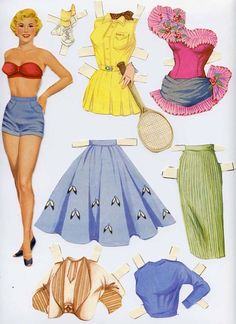 an old fashion paper doll with clothes and tennis rackets