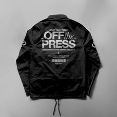 a black jacket with the words off the press printed on it