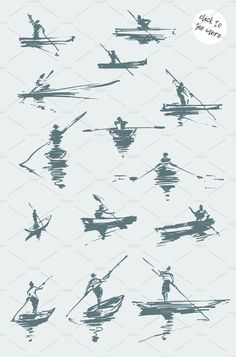 the silhouettes of people in canoes and kayaks are drawn with ink on paper