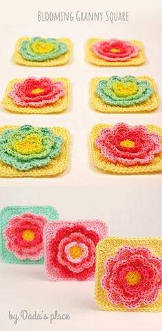 crocheted coasters with flowers on them and the words blooming granny square