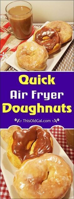 an advertisement for air fryer doughnuts with coffee and donuts on the table