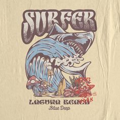 a t - shirt with an image of a shark in the ocean and words surfr on it