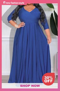 knowfashionstyle Blue Casual V Neck 3/4 Sleeve Long Loose Vacation Plus Size A Line Pleated Maxi Dresses Vacation Plus Size, V Neck Maxi Dress, Plus Size Maxi Dress, Denim Jacket With Dress, Vacation Dress, Maxi Dress Online, Lace Dress Long, Plus Size Maxi, Pleated Maxi Dress