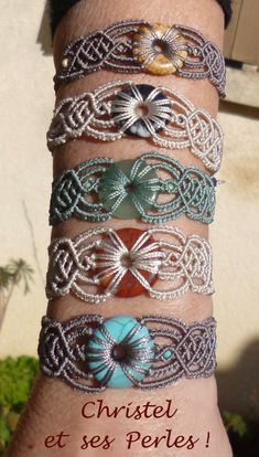 a woman's arm with several different bracelets on it and the words, christel et ses peries