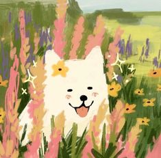 a painting of a white dog surrounded by flowers and grass in the foreground is a field with yellow, pink, and purple flowers