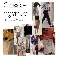 A collage of Classic-Ingenue essence inspiration for business casual. Classic Style Icons, Interesting Outfits, Dramatic Classic, Classic Style Outfits, Soft Classic, Smart Casual Outfit, A Collage