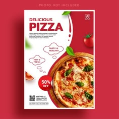 a pizza advertisement is displayed on a red background with an image of a tomato and basil