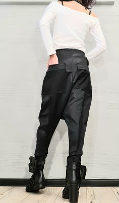 "Avant Garde Pants, Harem Pants Women, Drop Crotch Pants, Extravagant NeoprenePants, Casual Pants, Urban Pants ❤️ Extravagant designs and high quality fabrics! ❤️ Materials & Care Neoprene Hand wash at low temperatures. Do not machine dry. Do not iron. Do not dry clean! ❤️ Sizing We can make your piece from XS to 5XL! Everything in the shop can be also made according to your measures free of charge! ❤️ Shipping ✈ Ready to ship The time I need to prepare an order for shipping varies. For deta Punk Style Winter Outerwear With Pockets, Winter Punk Outerwear With Pockets, Punk Style Outerwear With Pockets For Fall, Edgy Cropped Jacket With Pockets For Fall, Black Punk Cropped Jacket With Long Sleeves, Black Punk Long Sleeve Cropped Jacket, Urban Outerwear With Pockets For Alternative Fashion, Urban Cropped Jacket With Pockets For Winter, Punk Style Long Sleeve Cropped Jacket For Fall