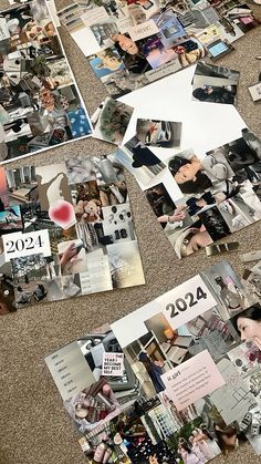 many photographs are spread out on the floor and scattered with papers that read assos