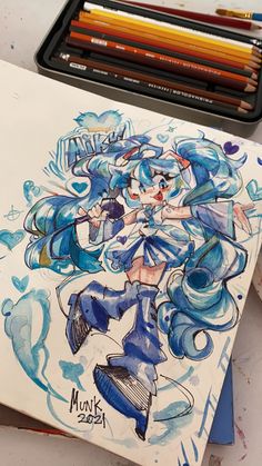 a drawing of a girl with blue hair holding a baseball bat in her right hand