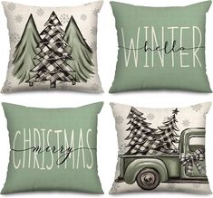 three pillows with christmas trees on them