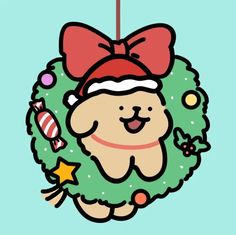 a christmas wreath with a cartoon character hanging from it's center and wearing a santa hat