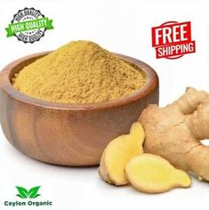 ginger root powder in a wooden bowl and sliced ginger on the side with free shipping label