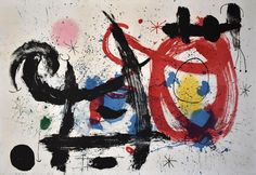 an abstract painting with black, red and blue colors