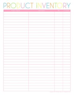 a printable product inventory sheet with the words product inventory written in pink and blue