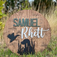 "This nursery sign is a great addition to a little hunters bedroom! The design is something that can grow from a nursery piece into a teenagers room focal point.  We laser cut each piece for 1/4\" birch plywood, stain/paint, and use heavy duty glue to adhere it to the board. We also add hanging hardware on the back." Country Boy Nurseries, Hunters Bedroom, Name Nursery Sign, Baby Boy Hunting, Country Baby Names, Fishing Nursery