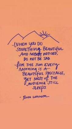 a poem written in blue ink on an orange background with mountains and clouds behind it