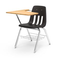 a school chair with a wooden desk top