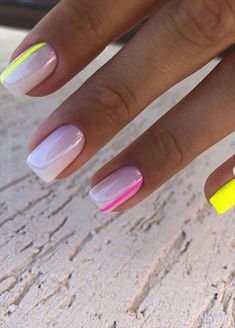 Neon Geometric Nails, Trendy Summer Nails 2024 Square, White And Neon Nails, Summer Classy Nails, Unghie Sfumate, November Nails, Colorful Nails, Short Square Acrylic Nails, Cute Gel Nails