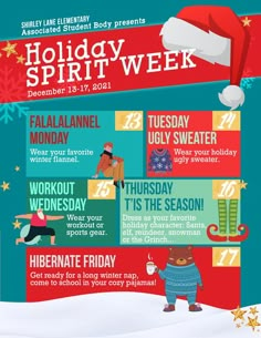 Christmas Dress Up Days, Spirit Week Homecoming, Dress Up Day Ideas, Holiday Spirit Week, Christmas Spirit Week, Spirit Weeks, Christmas At Work, Student Council Ideas, Spirit Week Ideas