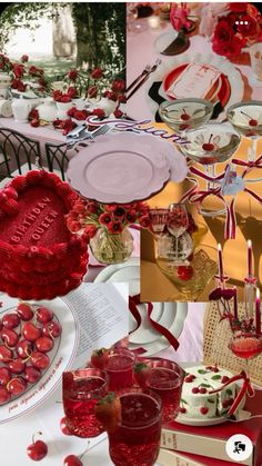 a collage of red and white pictures with cherries on the cake, plates, cups, napkins