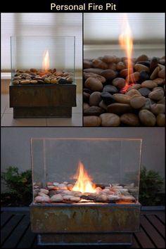 an outdoor fire pit with rocks and stones in the center, surrounded by other photos