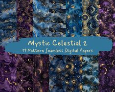 mystic celestial digital paper pack with blue, purple and gold colors