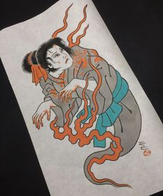 a drawing of a person with an orange and blue design on it's body