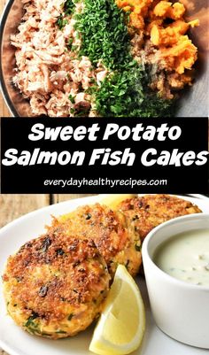 sweet potato salmon fish cakes on a plate with lemon wedges