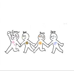 four people are holding hands in the same direction