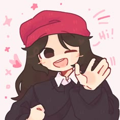 a drawing of a girl with long hair wearing a red hat and black jacket, making the peace sign