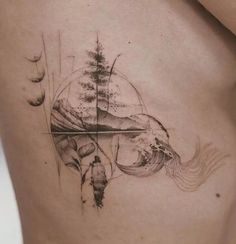 a woman's stomach with an abstract tattoo design on the side and trees in the background