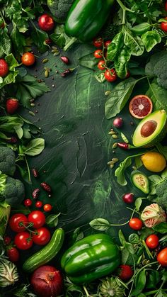 many different fruits and vegetables are arranged in the shape of a circle on a dark background