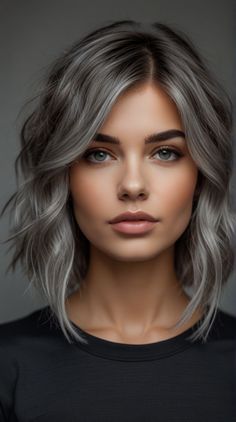 Natural Grey Balayage, Lobs For Women Over 50, Platinum Root Smudge, Ash Grey Balayage Short Hair, Black And Grey Hair Short, Young Grey Hair Woman, Brunette Silver Balayage, Medium Hairstyle Women Round Face, Money Piece Short Hair