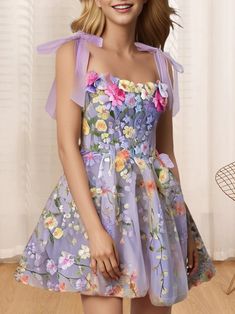 Fabric: Tulle  Silhouette: A-Line/Princess Neckline: Off-the-Shoulder Hemline/Train: Short/Mini Embellishment: Embroidery Sleeve: Sleeveless Shown Color: Lilac Embellishment Embroidery, Orange Orchid, Dress With Embroidery, Party Dance, Mini Party, Pink Petals, Lilac Color, Homecoming Dress, Pink Candy