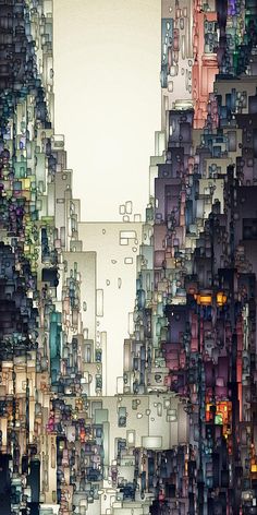 an abstract cityscape with lots of buildings in the middle and one person walking down the street