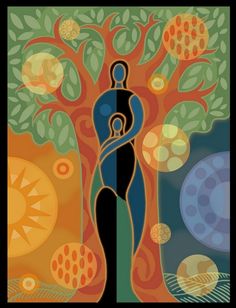 an abstract painting of a woman standing in front of a tree with circles and dots