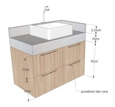 a bathroom sink with measurements for the top and bottom drawers on each side, shown in light wood