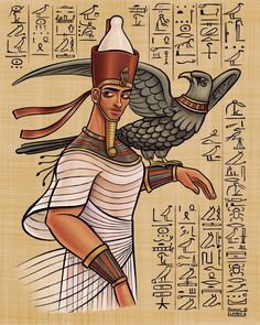 an egyptian man holding a bird on his arm in front of some egyptian writing and calligraphy