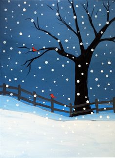 a painting of a tree in the snow with two red birds perched on it's branches