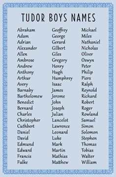 a blue and white poster with names on it