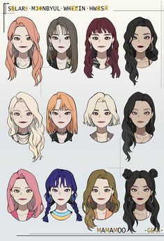 many different types of hair for girls with long bangs and round faces, all in different colors