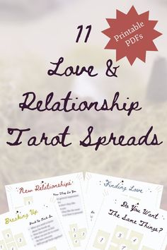 the text reads, love & relationship tarot spreads on top of four sheets of paper